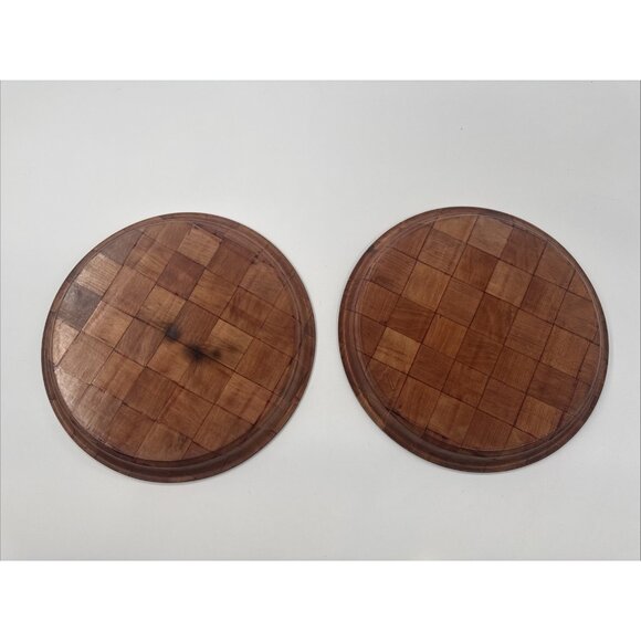 Vintage Parquet Weave Wood Round Serving Platter Large 13” Woven Mid Century MCM - Picture 3 of 11